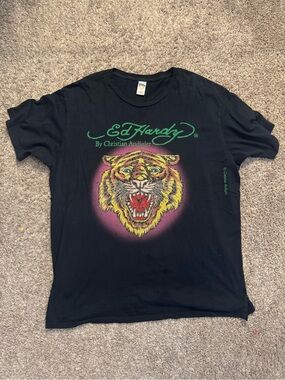 Ed Hardy Black Short-Sleeve Tee with Multicolor Crystal Tiger Graphic